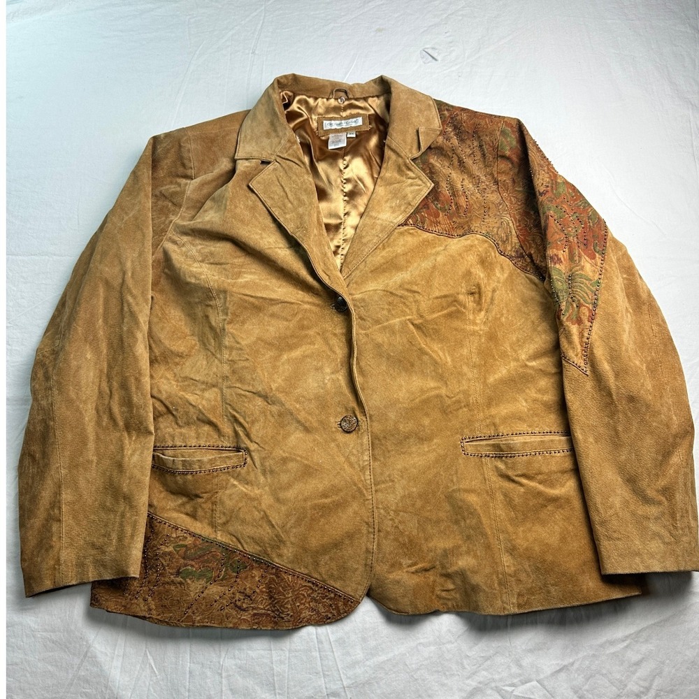 Coldwater Creek Tan Leather Suede Paisley Tapestry Beaded Blazer Jacket 3X
